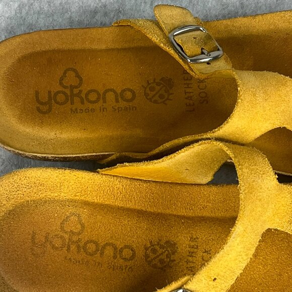 Yokono Suede Leather Thongs T-Strap Sandals Shoes 7.5 8 Yellow Cork Made Spain - Picture 7 of 11